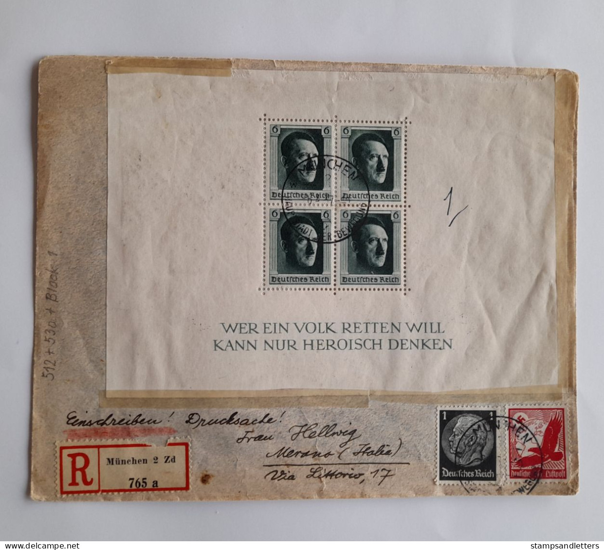 1943. Cover From Munchen To Merano (Italy) Blok. Registered. - Lettres & Documents