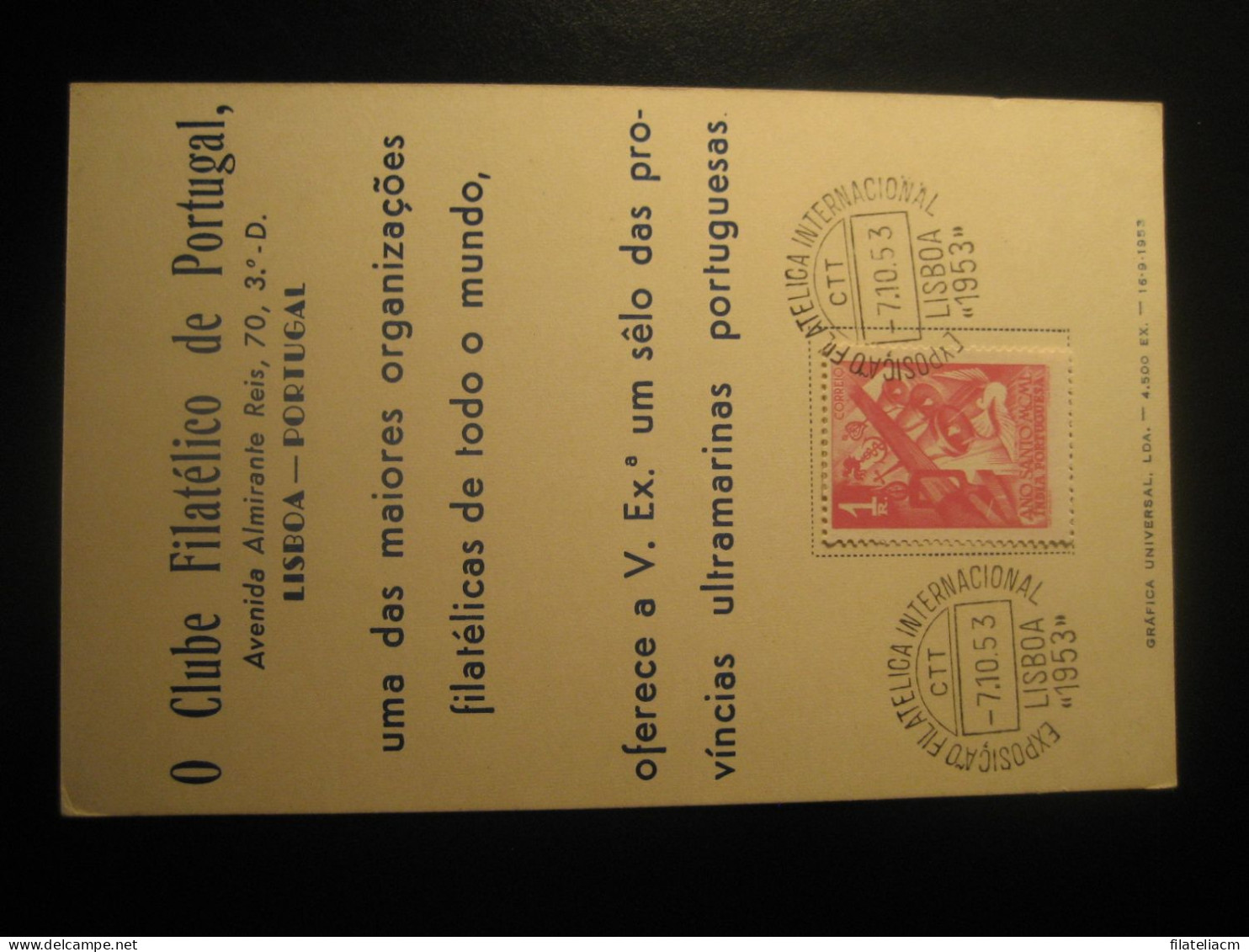 LISBOA 1953 Expo Fil. Int. Cancel Año Santo 1R Stamp Club Card Portuguese INDIA Colonies Portugal - Portuguese India