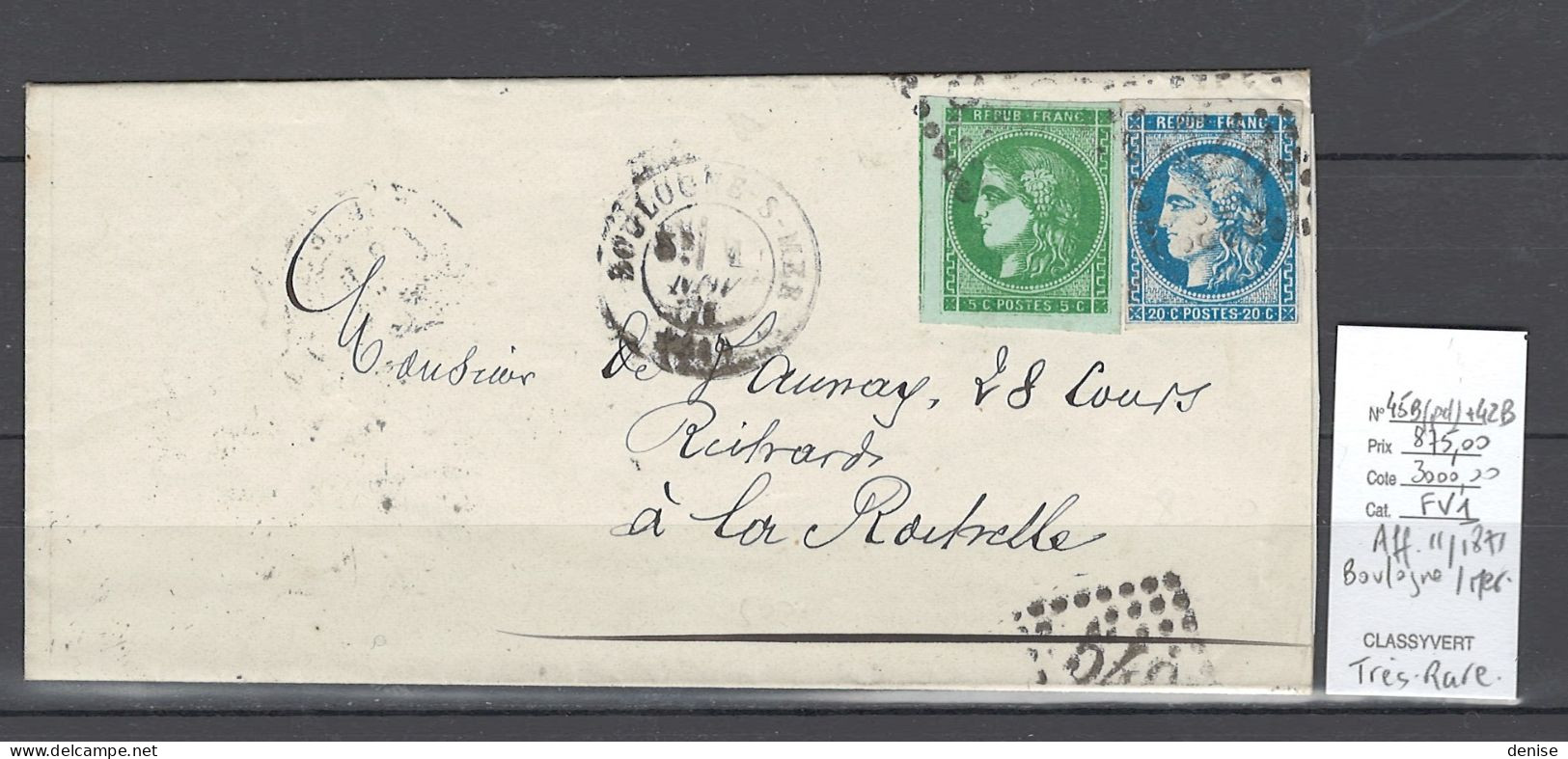 France - Lettre Boulogne Sur Mer - Affranchissement 11/1871 - EMISSION DE BORDEAUX - 1849-1876: Période Classique