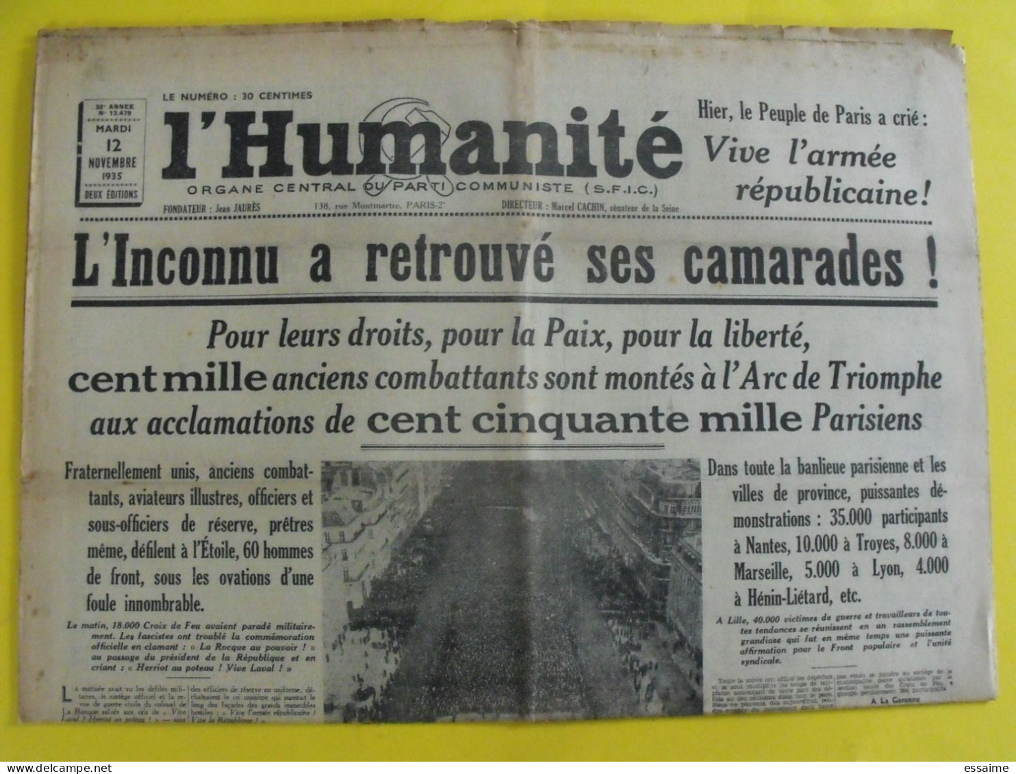 Journal L'Humanité Du 12 Novembre 1935. Vaillant Couturier Piot Fascites Duclos Clamanus Cachin - Autres & Non Classés