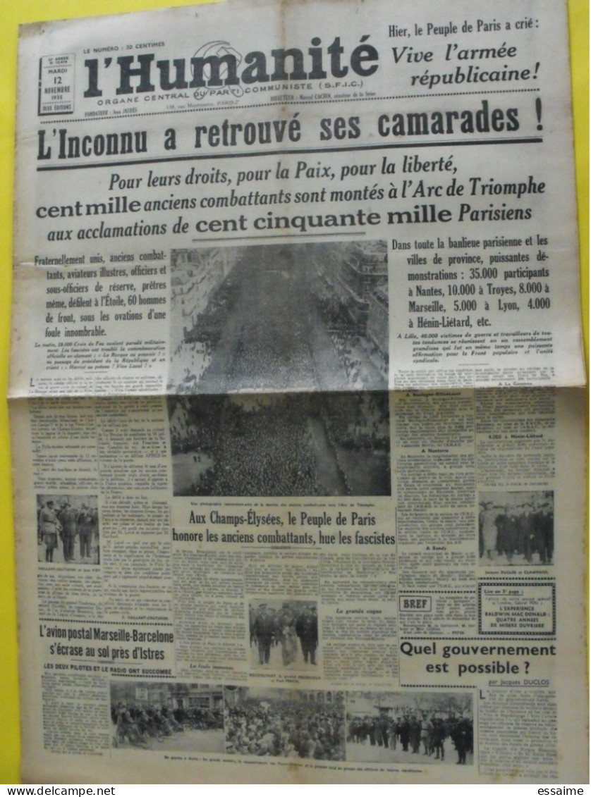 Journal L'Humanité Du 12 Novembre 1935. Vaillant Couturier Piot Fascites Duclos Clamanus Cachin - Autres & Non Classés