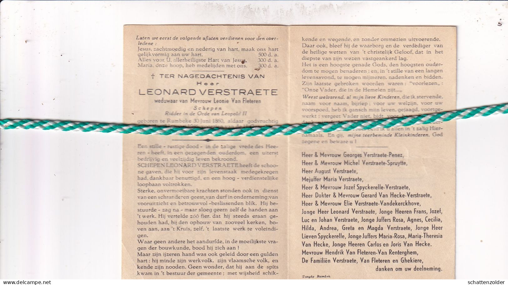 Leonard Verstraete-Van Fleteren, Rumbeke 1860, 1946. Schepen - Décès
