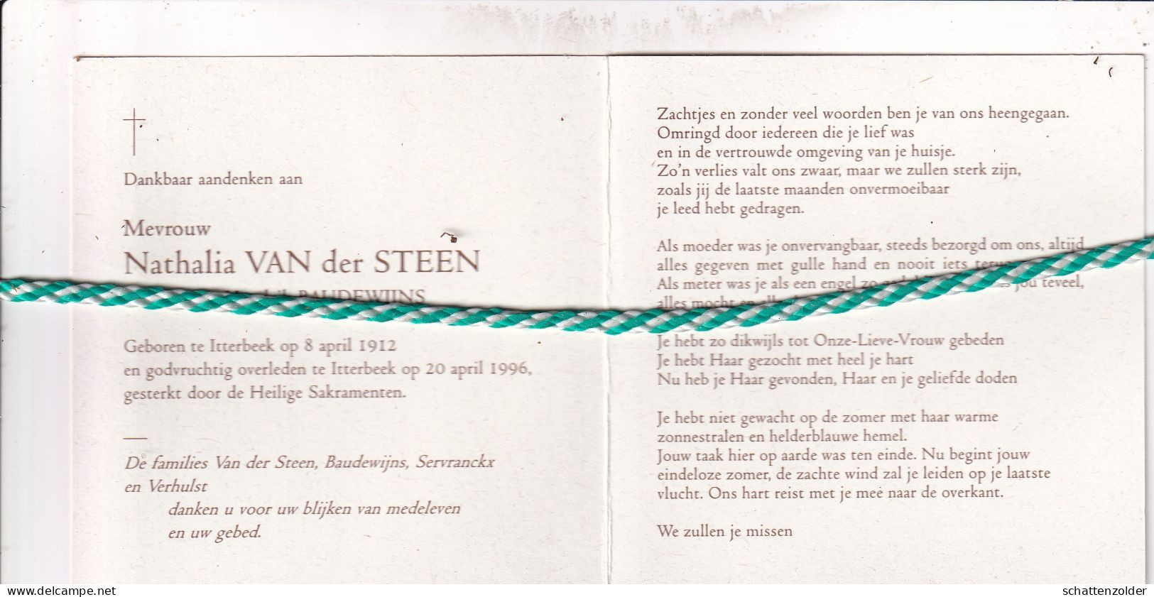 Nathalia Van Der Steen-Baudewijns, Itterbeek 1912, 1996. Foto Tekening - Décès