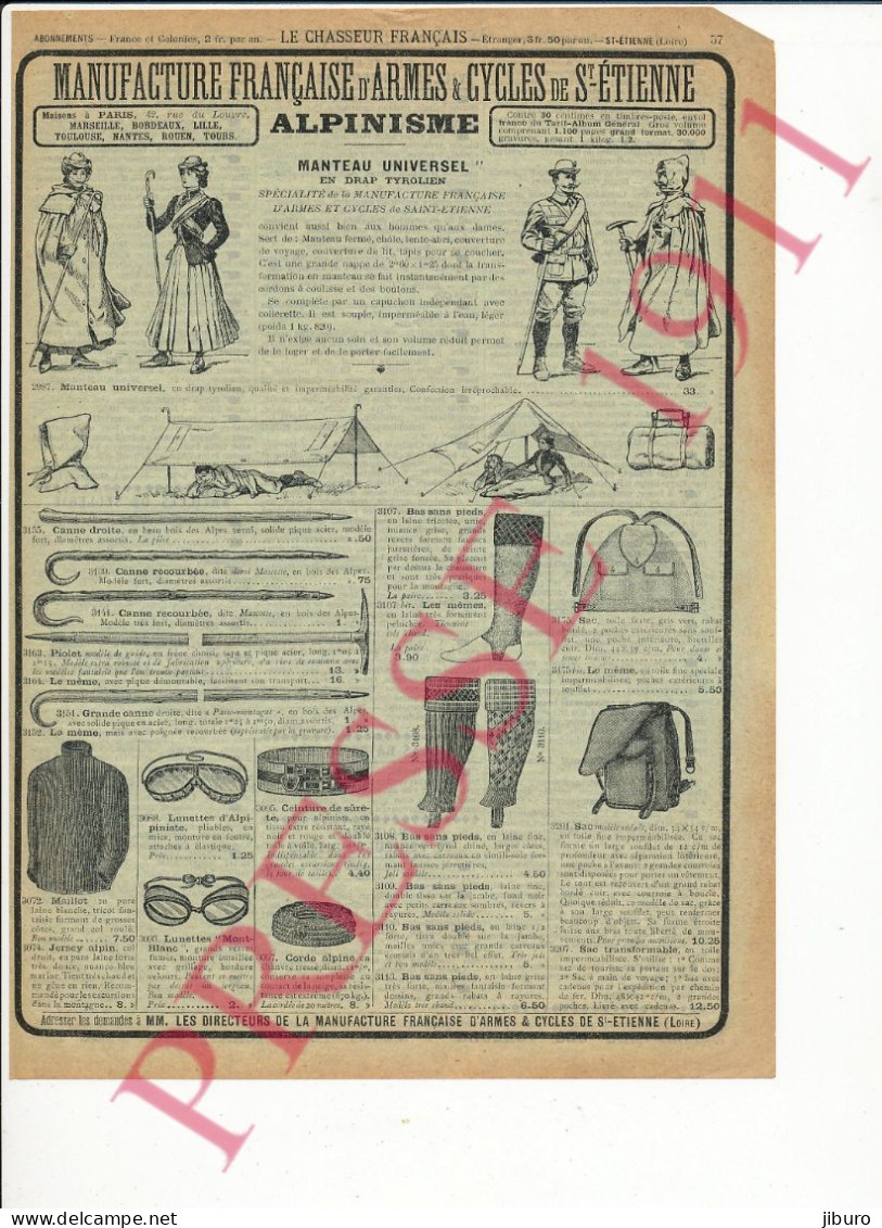 Publicité 1911 Alpinisme Equipement Matériel Manteau En Drap Tyrolien Tente Canne Piolet Alpiniste - Publicités