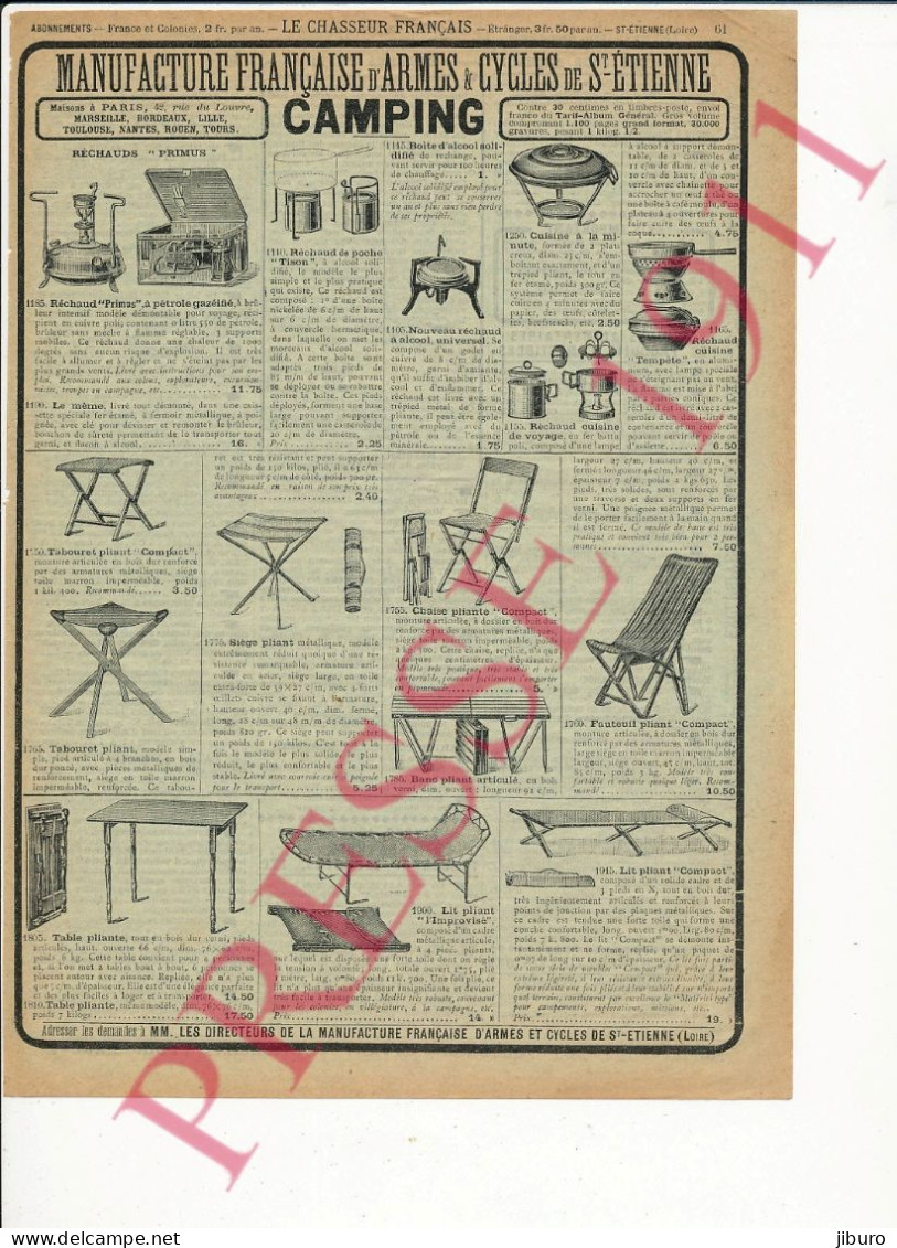 Publicité 1911 Matériel Camping Réchaud à Pétrole Alcool Tables Sièges Lit Pliant Fauteuil - Publicités