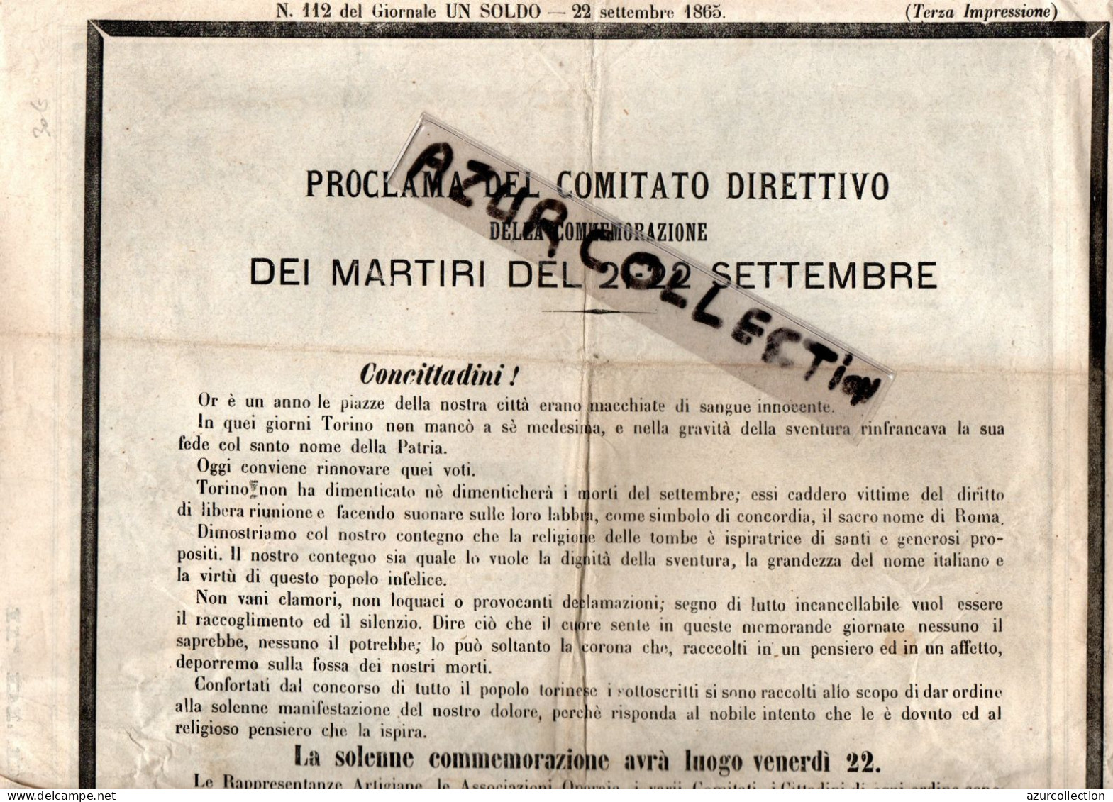 ITALIE . COMMEMORAZIONE DEI MARTIRI DEL 21/22 SETTEMBRE . 1865 - Documents Historiques