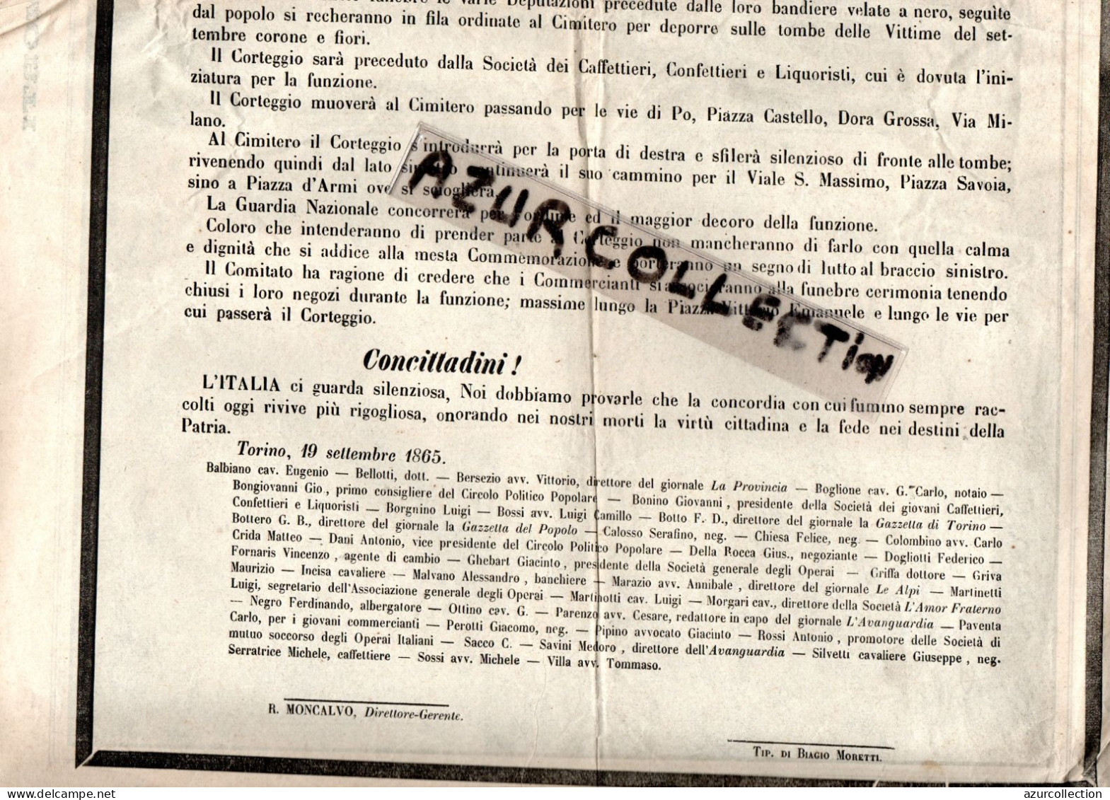 ITALIE . COMMEMORAZIONE DEI MARTIRI DEL 21/22 SETTEMBRE . 1865 - Documents Historiques