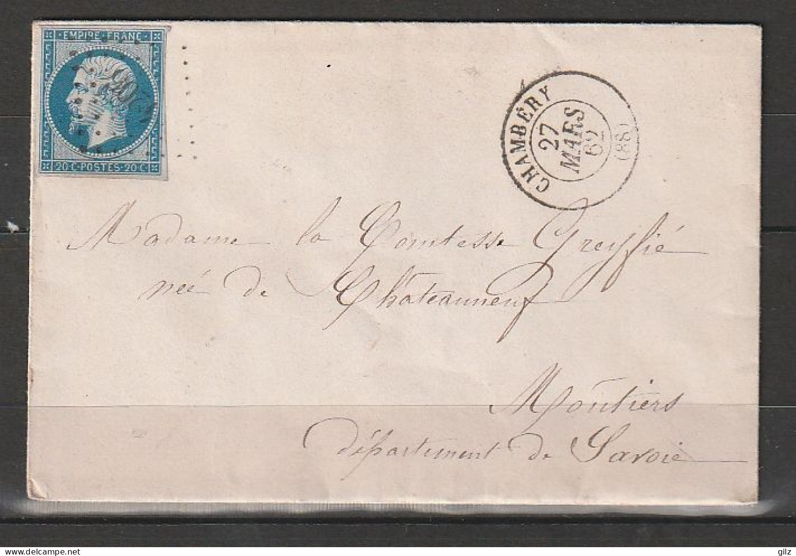 FRANCE 1862 N° 14B S/Lettre Obl. PC 4205 (Breil-sur-Roya Alpes-Maritimes) Pour Moutier Savoie - 1853-1860 Napoléon III