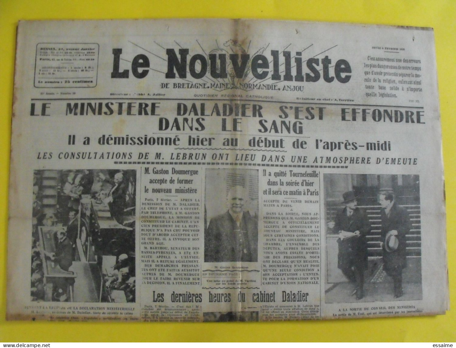 Journal Le Nouvelliste Bretagne Maine Normandie Anjou Du 8 Février 1934. émeute Sanglante Paris Daladier Doumergue Laval - Andere & Zonder Classificatie