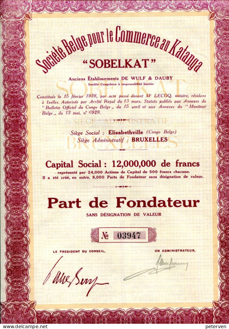 "SOBELCAT" - Belge Pour Le Commerce Au Katanga; Part De Fondateur - Afrika
