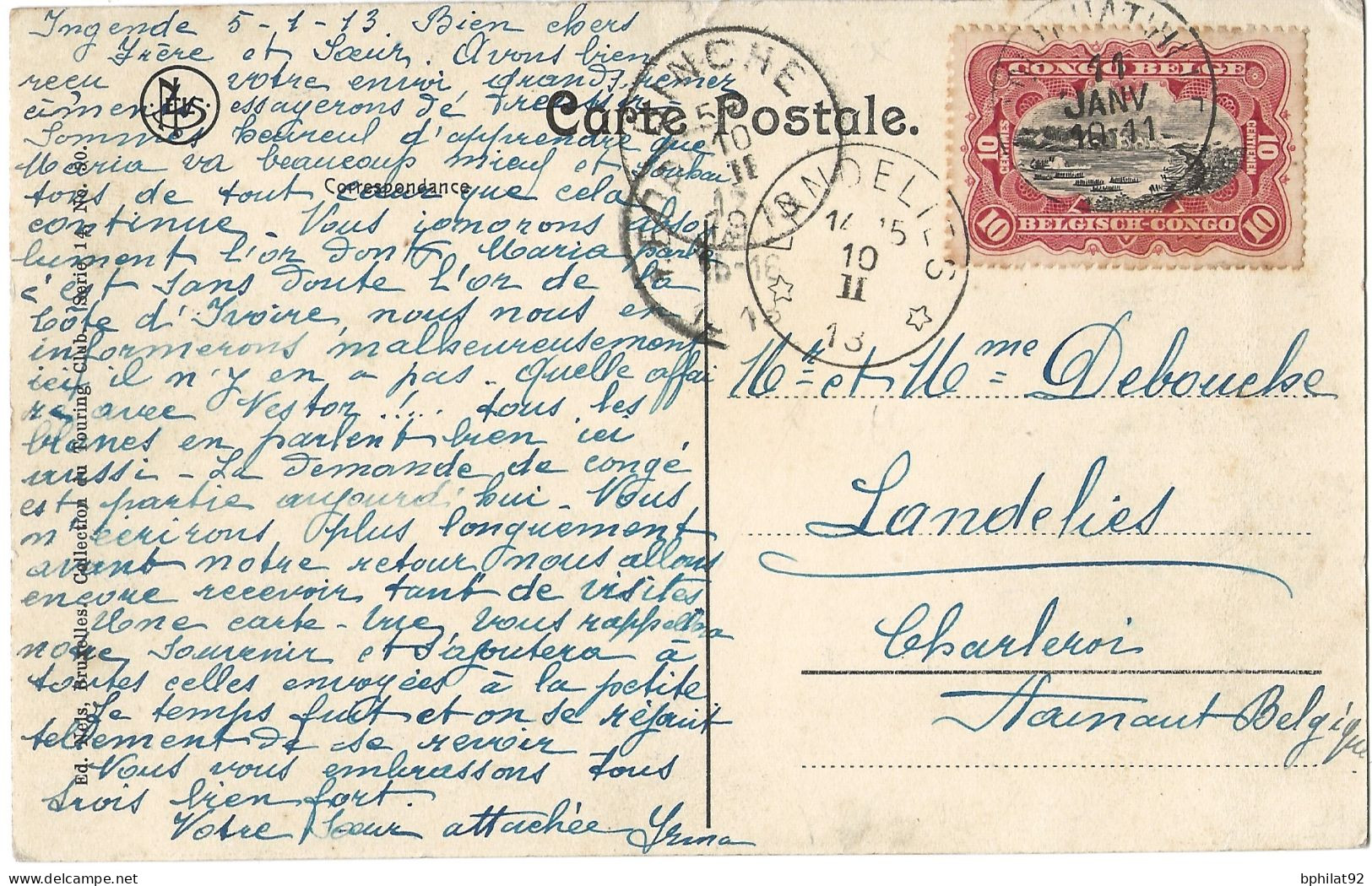 !!! CONGO, CPA DE 1913, DÉPART D'INGENDE POUR CHARLEROI (BELGIQUE) - Storia Postale