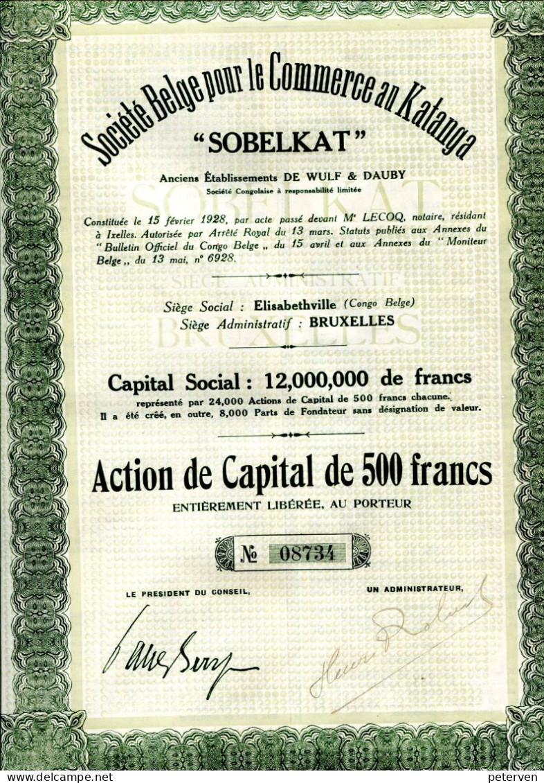 "SOBELCAT" - Belge Pour Le Commerce Au Katanga; Action De Capital - Afrique