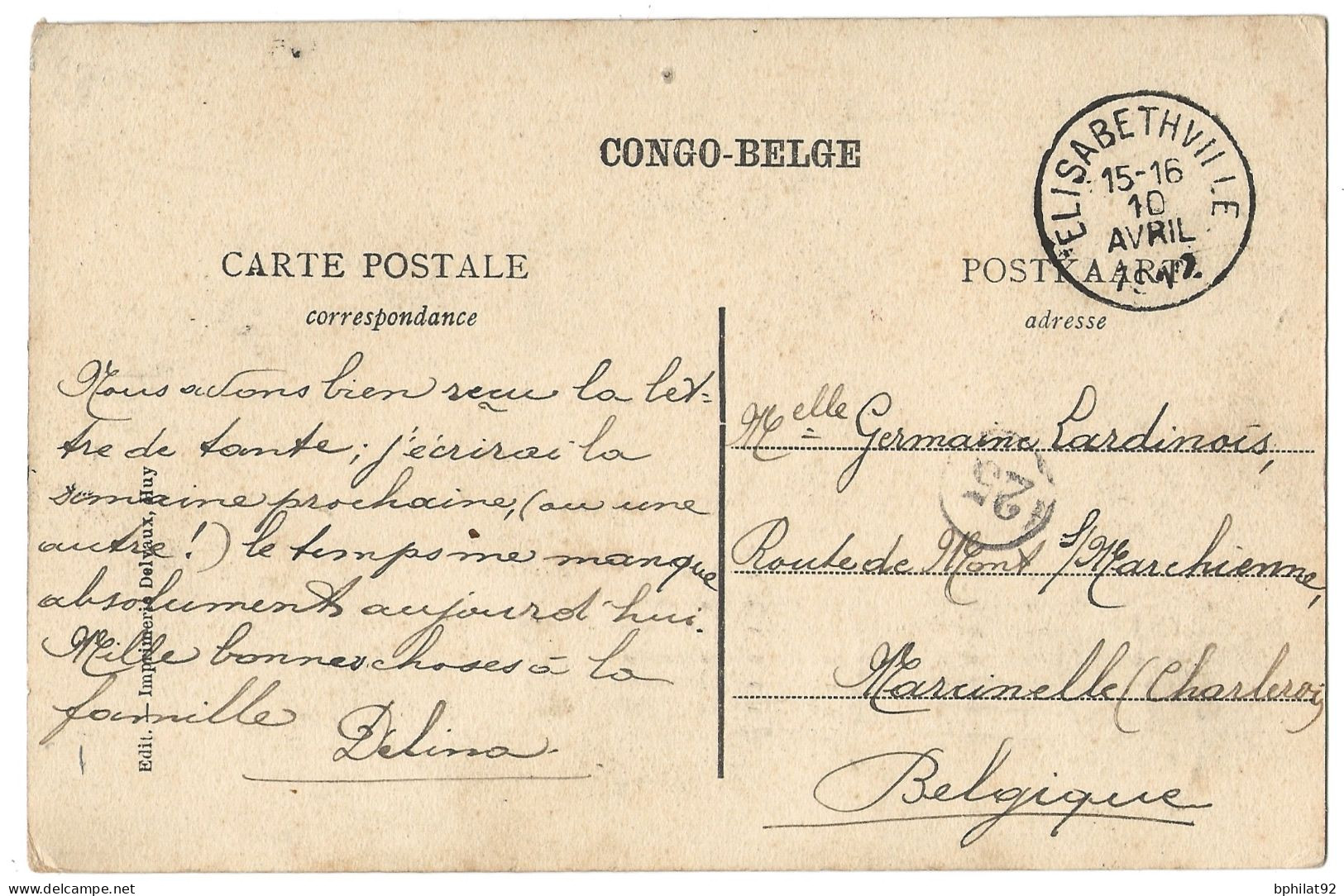 !!! CONGO, CPA DE 1912, DÉPART D'ELISABETHVILLE POUR CHARLEROI (BELGIQUE) - Lettres & Documents