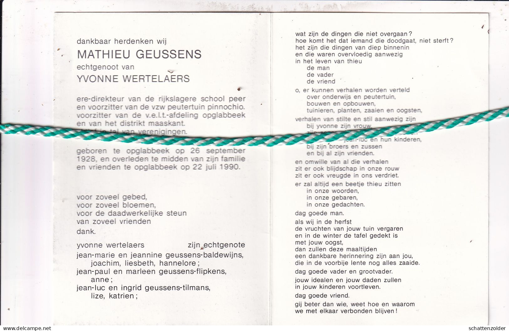 Mathieu Geussens-Wertelaers, Opglabbeek 1928, 1990. Ere Schooldirecteur - Décès