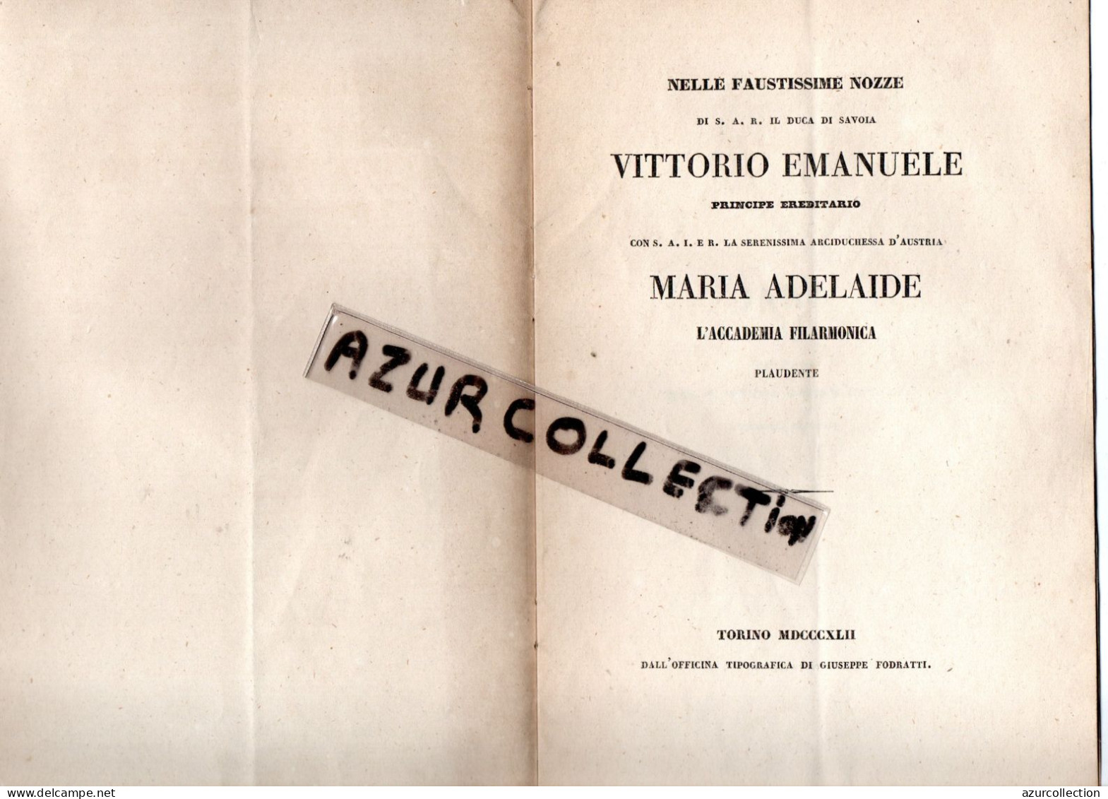 ITALIE . TORINO . POEME . MARIA ADELAIDE . ACCADEMIA FILARMONICA - Documents Historiques