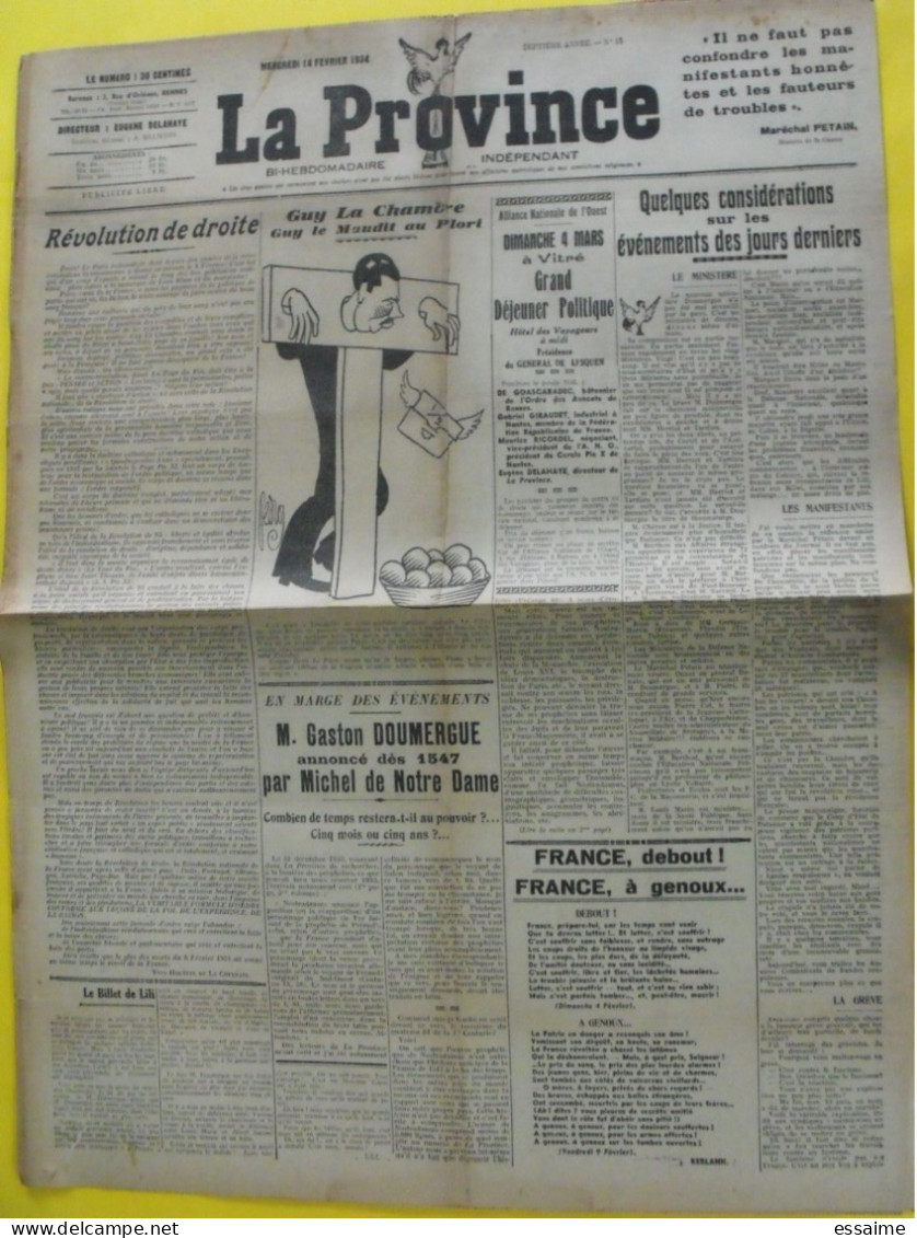 Journal La Province Du 14 Février 1934. émeute Sanglante Paris Guy La Chambre Doumergue Delahaye Pétain - Autres & Non Classés