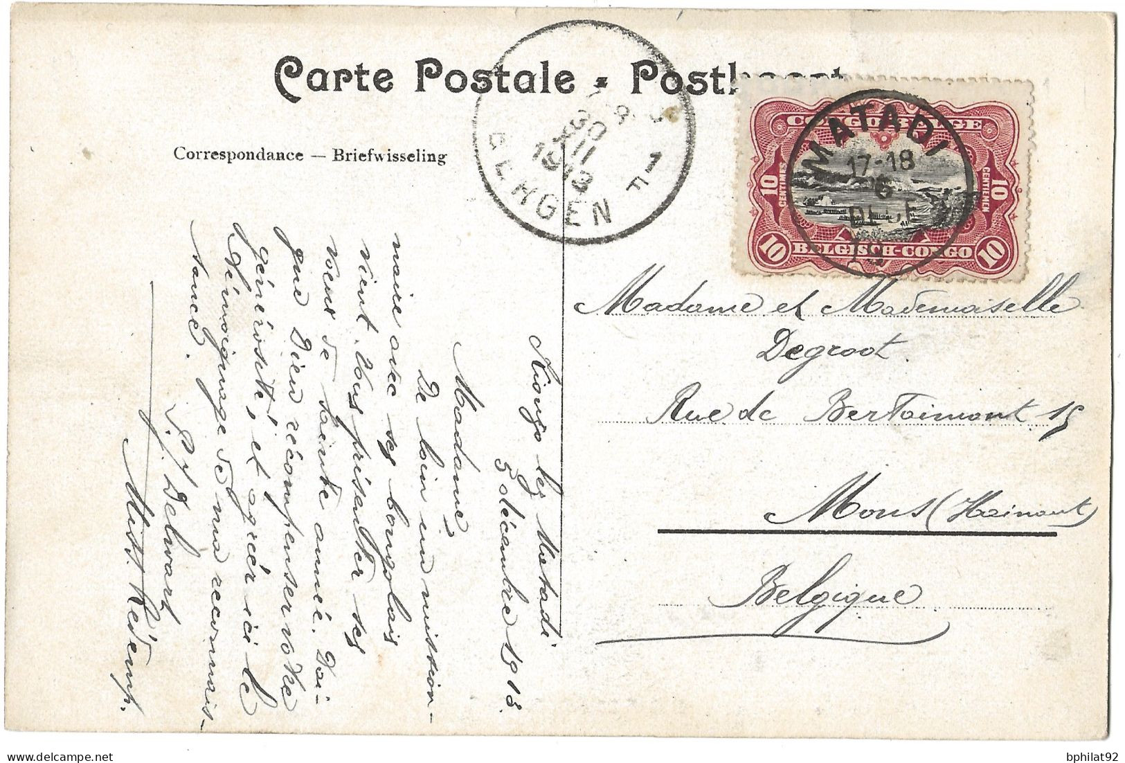 !!! CONGO, CPA DE 1913, DÉPART DE MATADI POUR MONS (BELGIQUE) - Briefe U. Dokumente