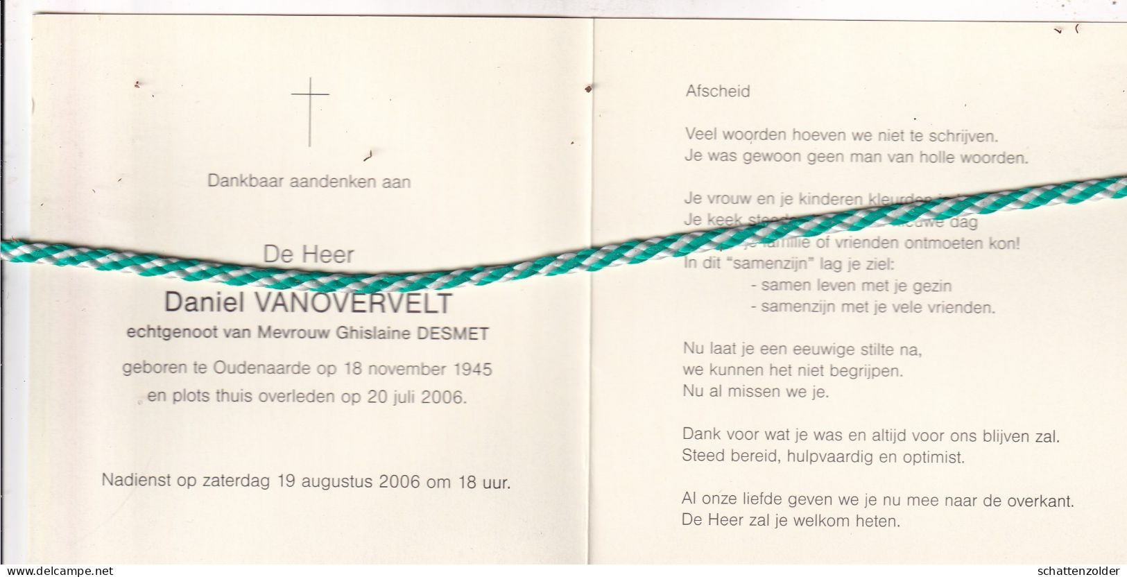 Daniel Vanovervelt-Desmet, Oudenaarde 1945, 2006. Foto - Overlijden