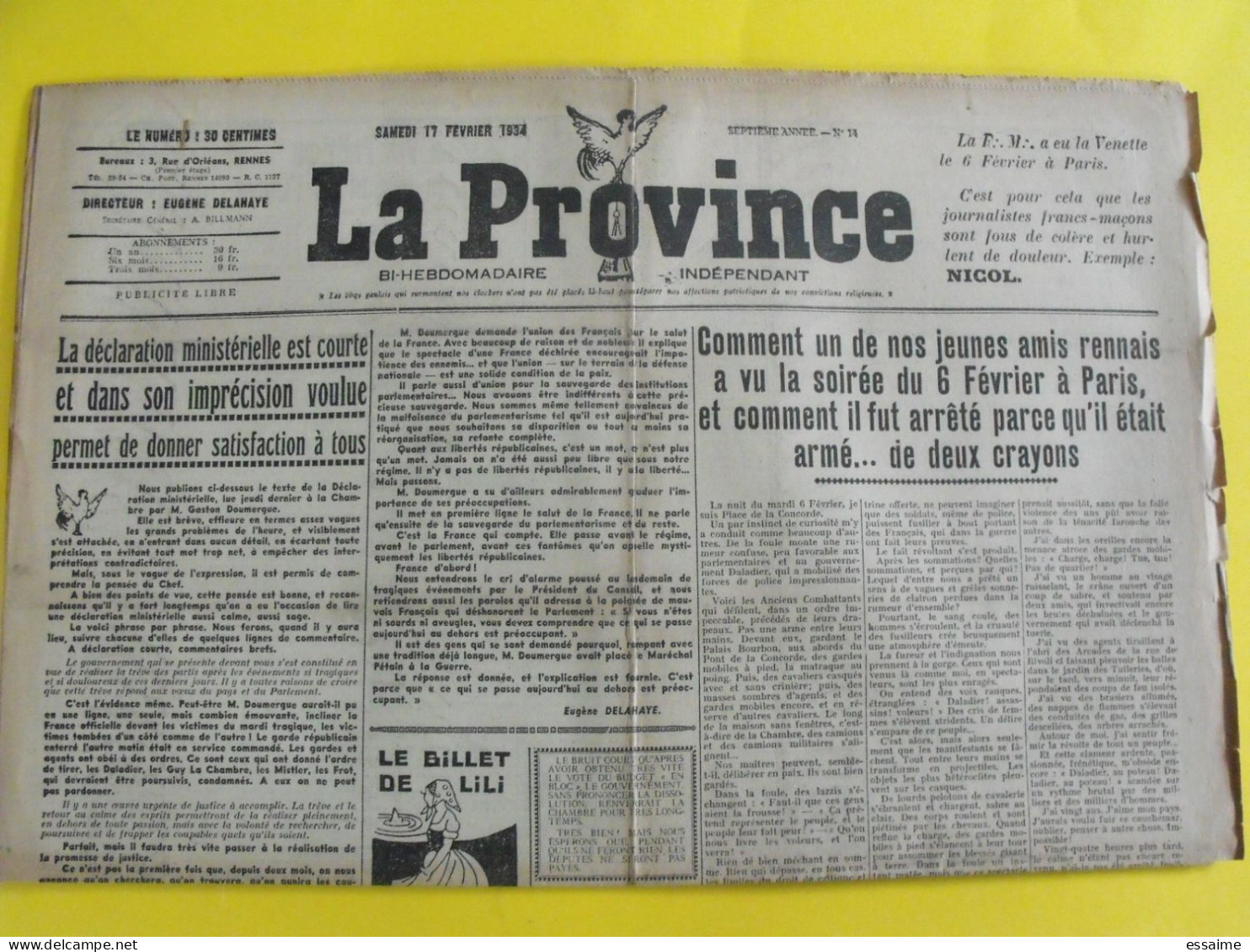 Journal La Province Du 17 Février 1934. émeute Sanglante Paris Nicol Delahaye Franc-maçon - Other & Unclassified