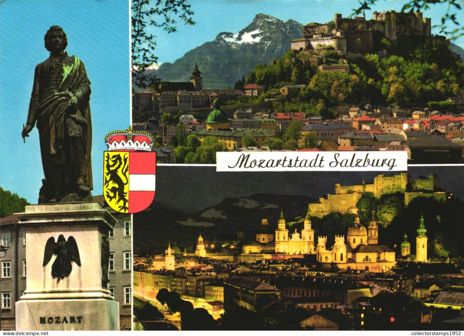 SALZBURG, MULTIPLE VIEWS, STATUE, MOZART, EMBLEM, ARCHITECTURE, MOUNTAIN, CASTLE, AUSTRIA, POSTCARD - Salzburg Stadt