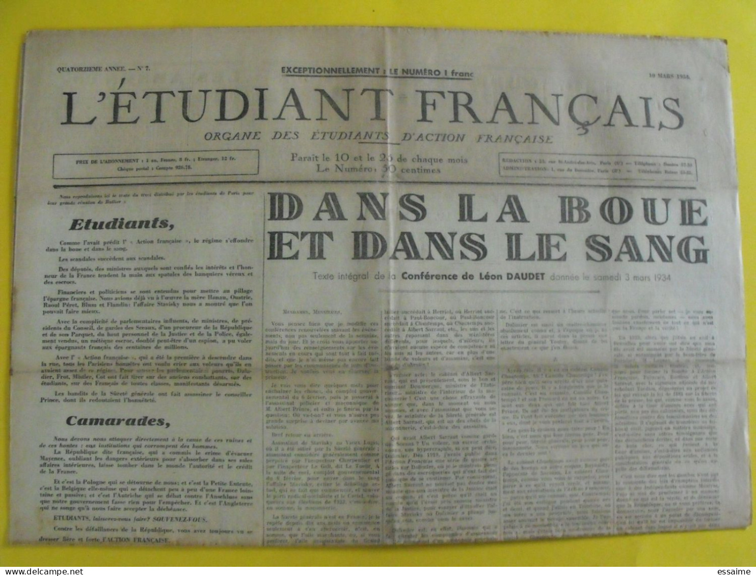 Journal L'étudiant Français Action Française Du 10 Mars 1934. Léon Daudet Charles Maurras Pujo Benjamin - Sonstige & Ohne Zuordnung