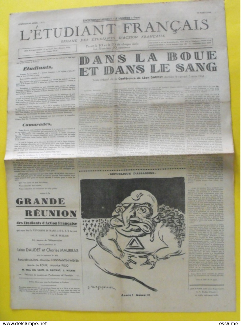 Journal L'étudiant Français Action Française Du 10 Mars 1934. Léon Daudet Charles Maurras Pujo Benjamin - Sonstige & Ohne Zuordnung