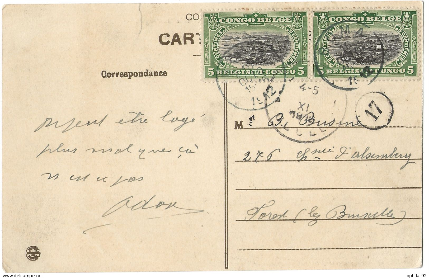 !!! CONGO, CPA DE 1912, DÉPART DE BOMA POUR FOREST LEZ BRUXELLES (BELGIQUE) - Lettres & Documents