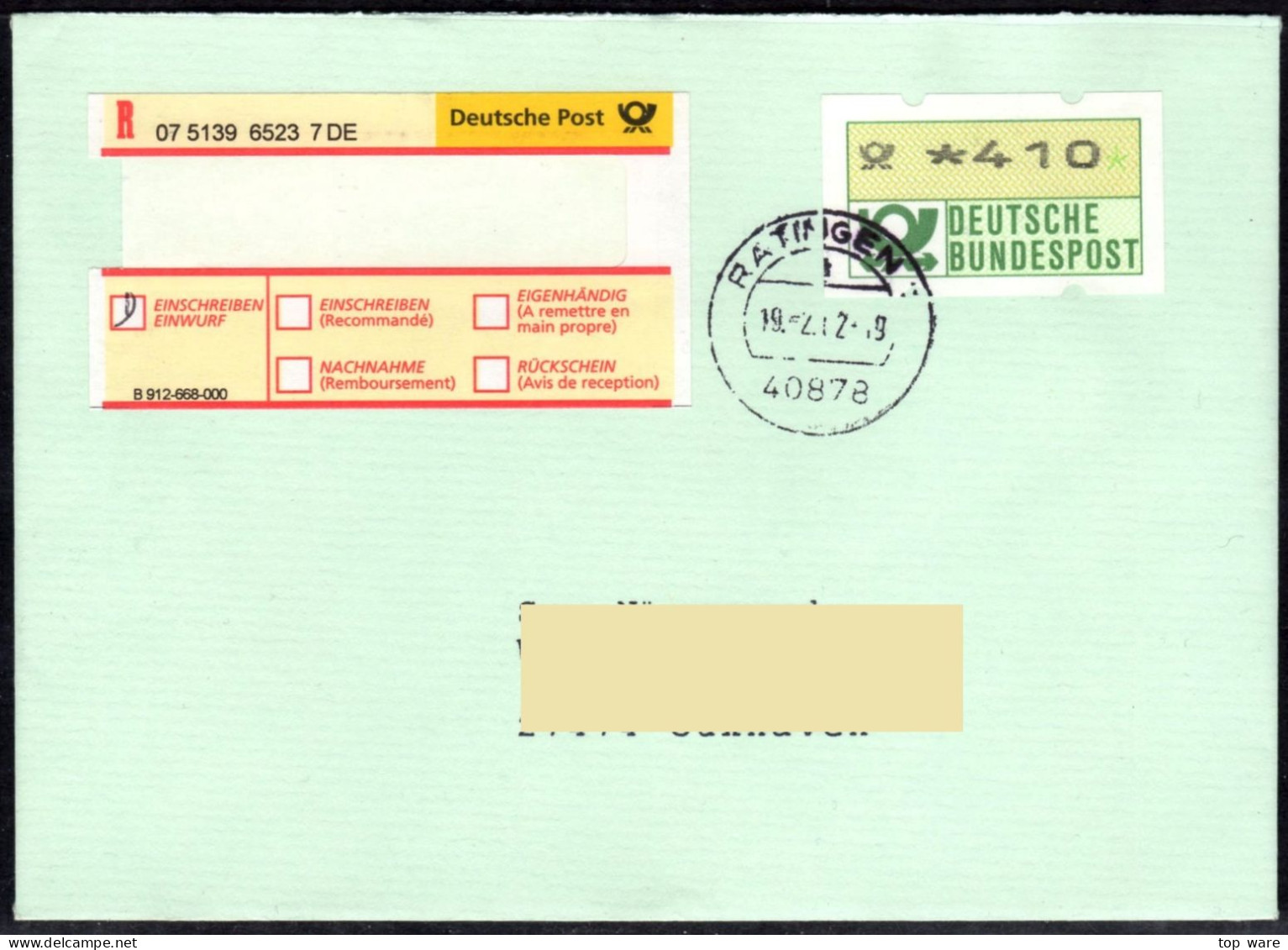 Deutschland Bund ATM 1 F Hu / Fehlverwendung Nagler Posthornaufdruck R-Brief 410Pf. 19.2.02 Von Ratingen 1 - Machine Labels [ATM]