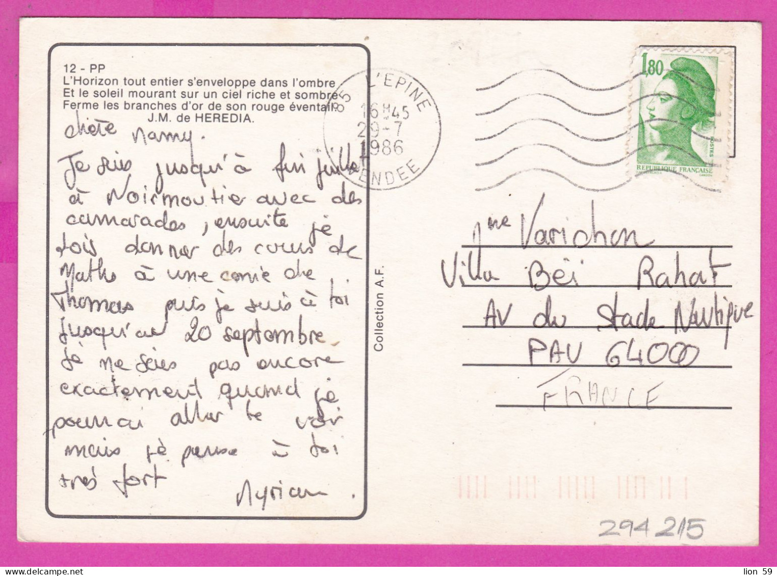 294215 / France - L'Horizon Tout Entier S'enveloppe Dans L'ombre Poem PC 1986 L'Epine USED 1.80 Fr. Liberty Of Gandon , - 1982-1990 Liberté De Gandon
