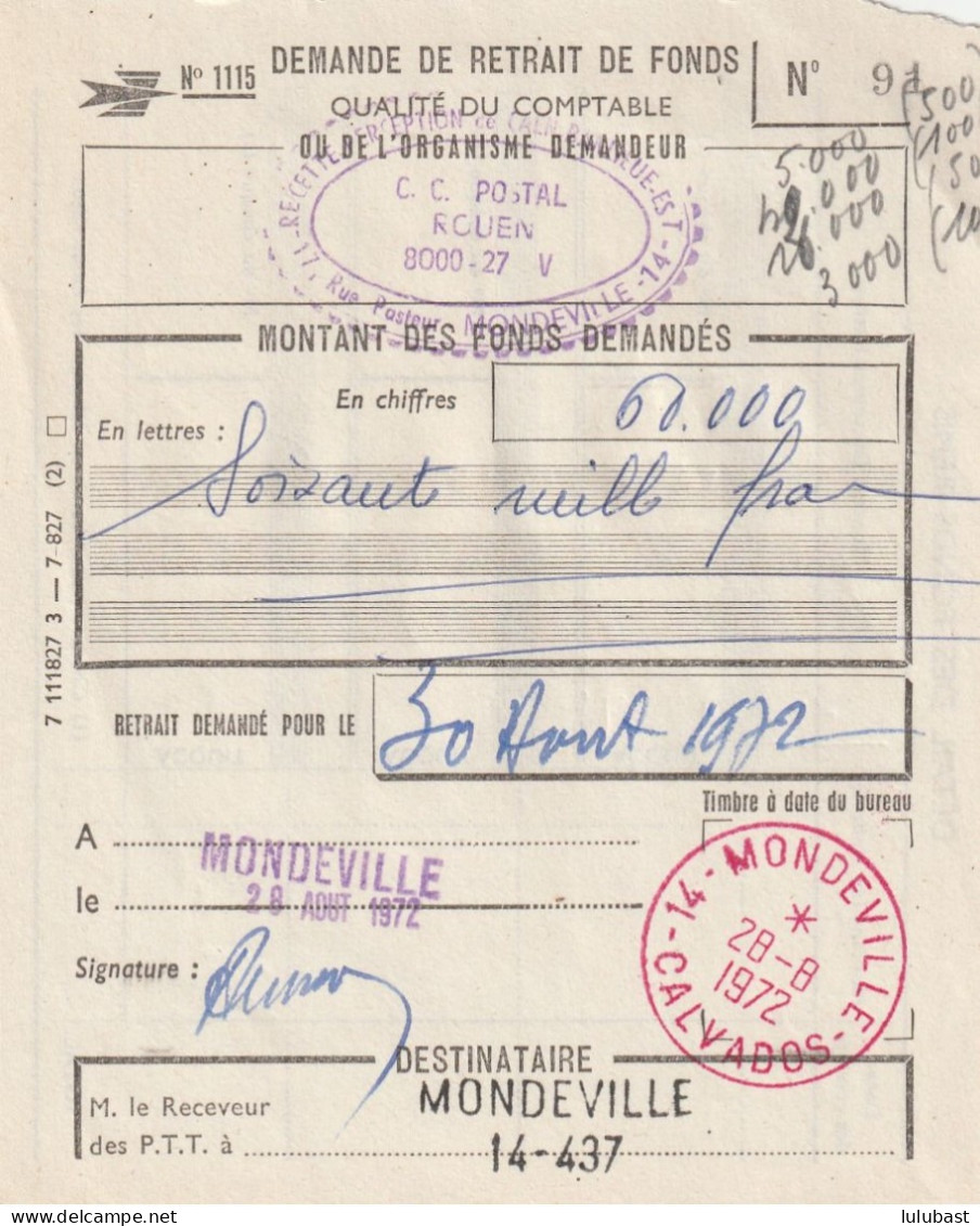 14 - MONDEVILLE (Calvados) : Superbe T. à D. Rouge / Demande De Retrait De Fonds . - 1961-....