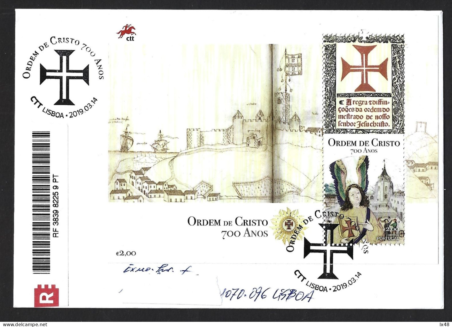 Registered Letter With  Block Of Order Of Christ Founded In Castro Marim Castle In 1319. Cross Of The Order Of Chris. - Christentum