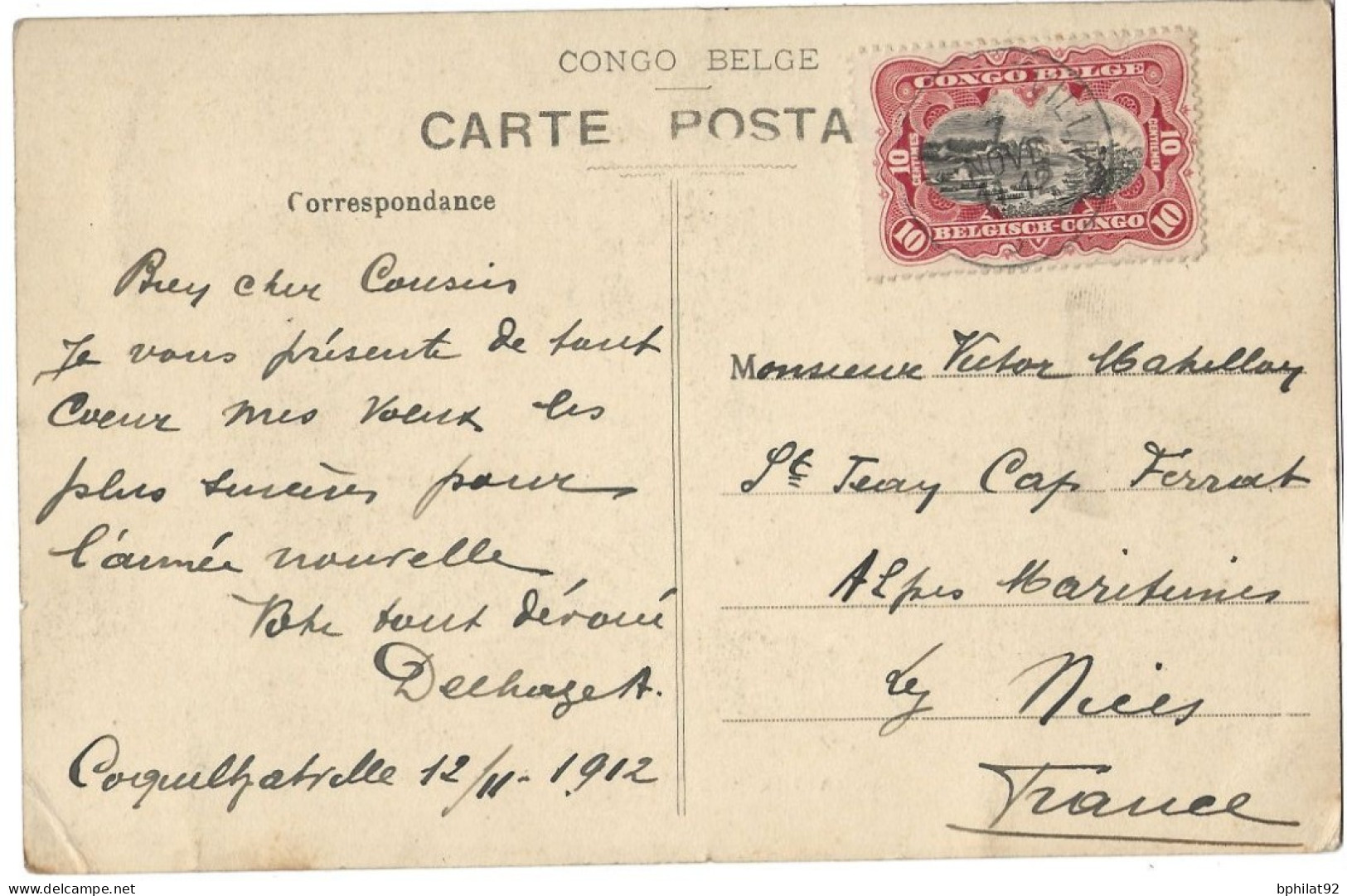 !!! CONGO, CPA DE 1912, DÉPART DE COQUILHATVILLE POUR NICE (FRANCE). - Covers & Documents