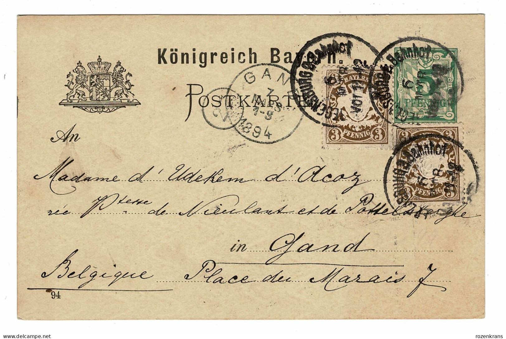 EP E.P. Entier Postale Ganzsache Deutschland Konigreich Bayern Regensburg Bahnhof 1894 Naar Gent Postkarte - Entiers Postaux