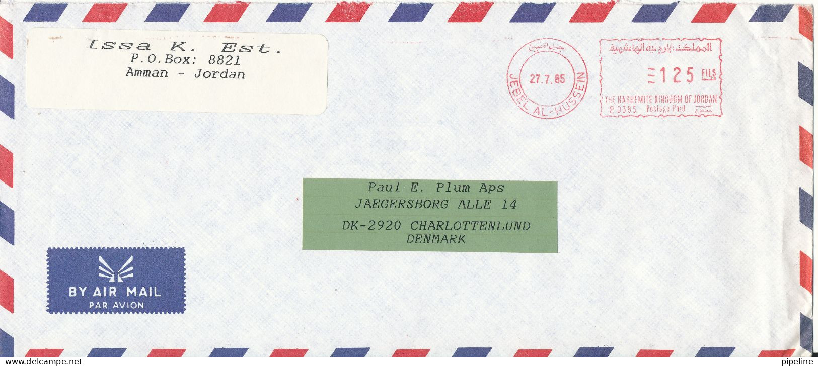 Jordan Air Mail Cover With Red Meter Cancel Sent To Denmark 27-7-1985 Very Nice Cover - Jordan