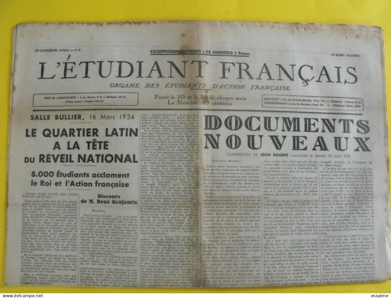 Journal L'étudiant Français Action Française Du 25 Mars- 10 Avril 1934. Léon Daudet Charles Maurras Pujo Benjamin - Other & Unclassified