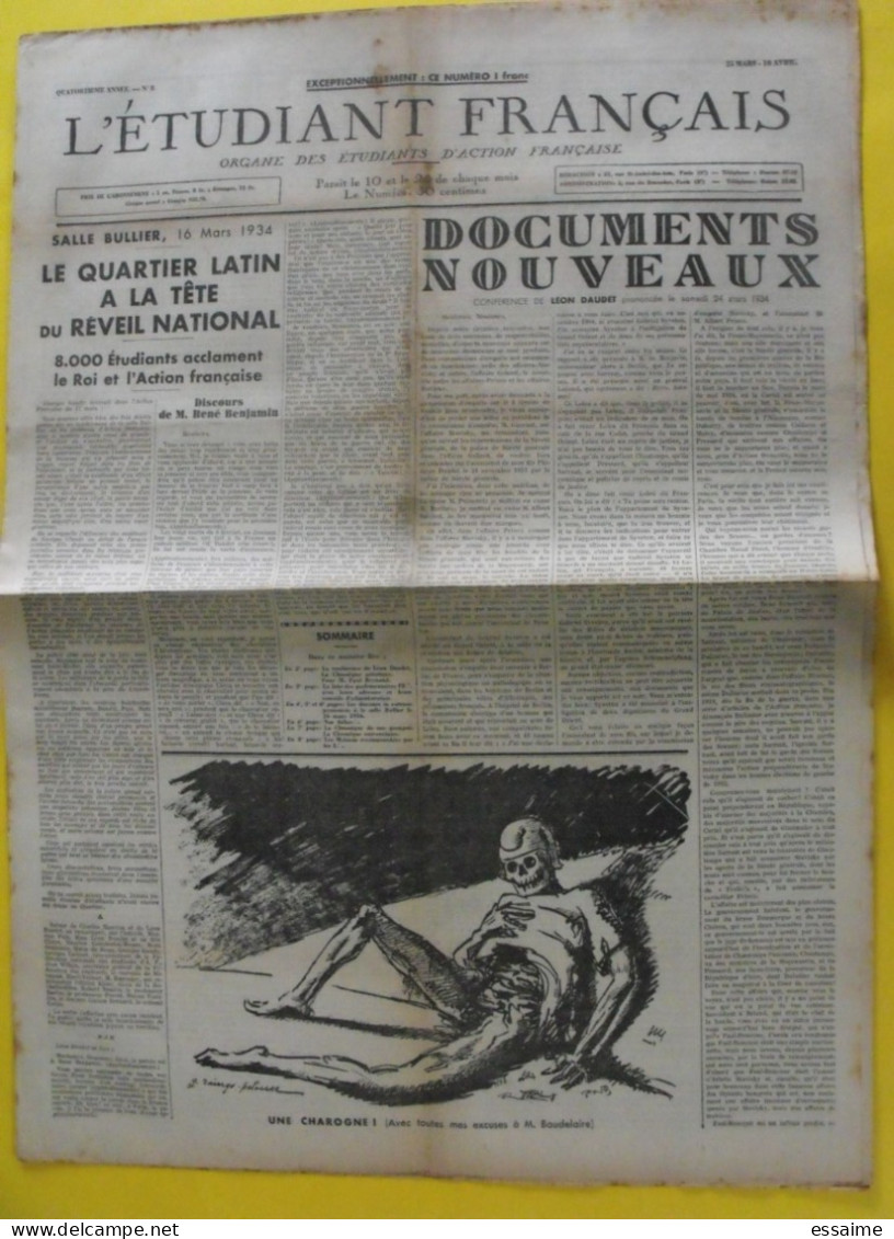 Journal L'étudiant Français Action Française Du 25 Mars- 10 Avril 1934. Léon Daudet Charles Maurras Pujo Benjamin - Other & Unclassified