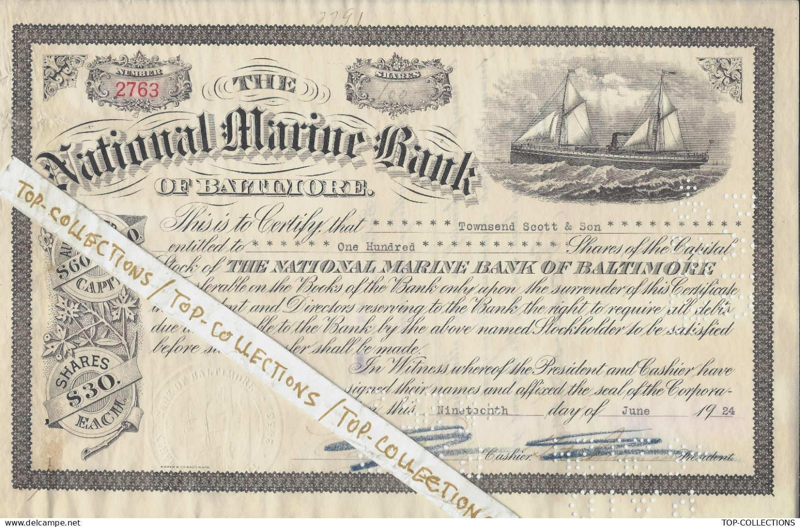 BANQUE NAVIGATION 1924 ENTETE The NATIONAL MARINE BANK Of BALTIMORE ETATS UNIS AMERIQUE   ENTETE Townsend Scott & Son - Stati Uniti