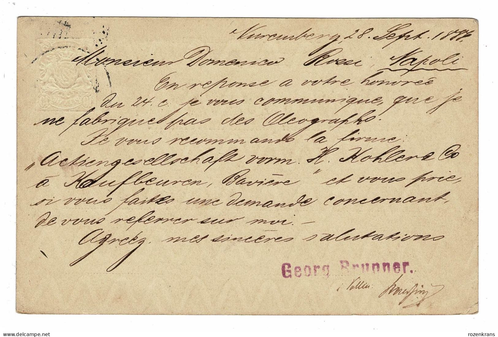 EP E.P. Entier Postale Ganzsache Deutschland Konigreich Bayern Nuernberg 1888 Napoli Postkarte - Entiers Postaux