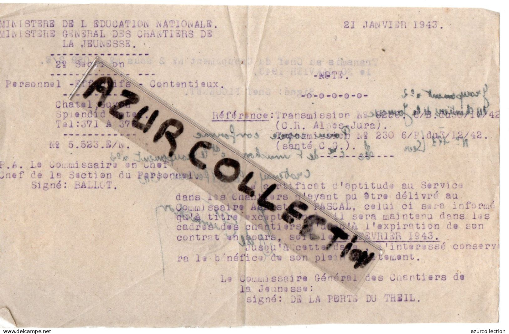 ARCHIVE CHANTIER DE JEUNESSE  N° 2 CROTENAY . JURA. - 1939-45