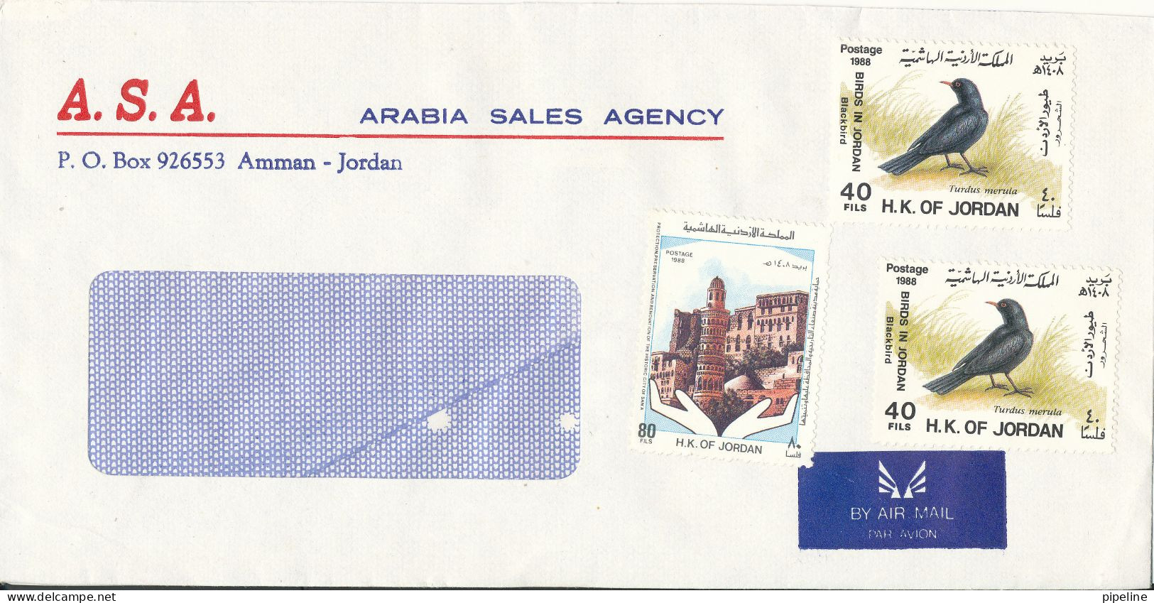 Jordan Cover Sent Air Mail To Denmark Topic Stamps BIRDS No Postmark On Stamps Or Cover - Jordanie