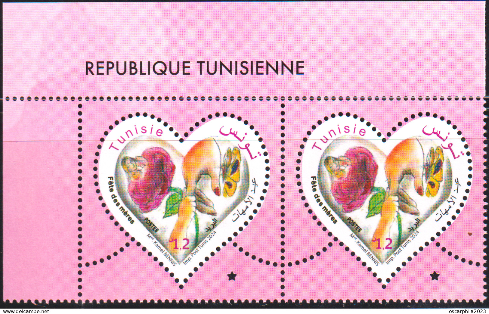 2024-Tunisie- Fête Des Mères -Femme- Enfant- Rose- Papillon- Mains- En Paire 2v   -.MNH****** - Andere & Zonder Classificatie