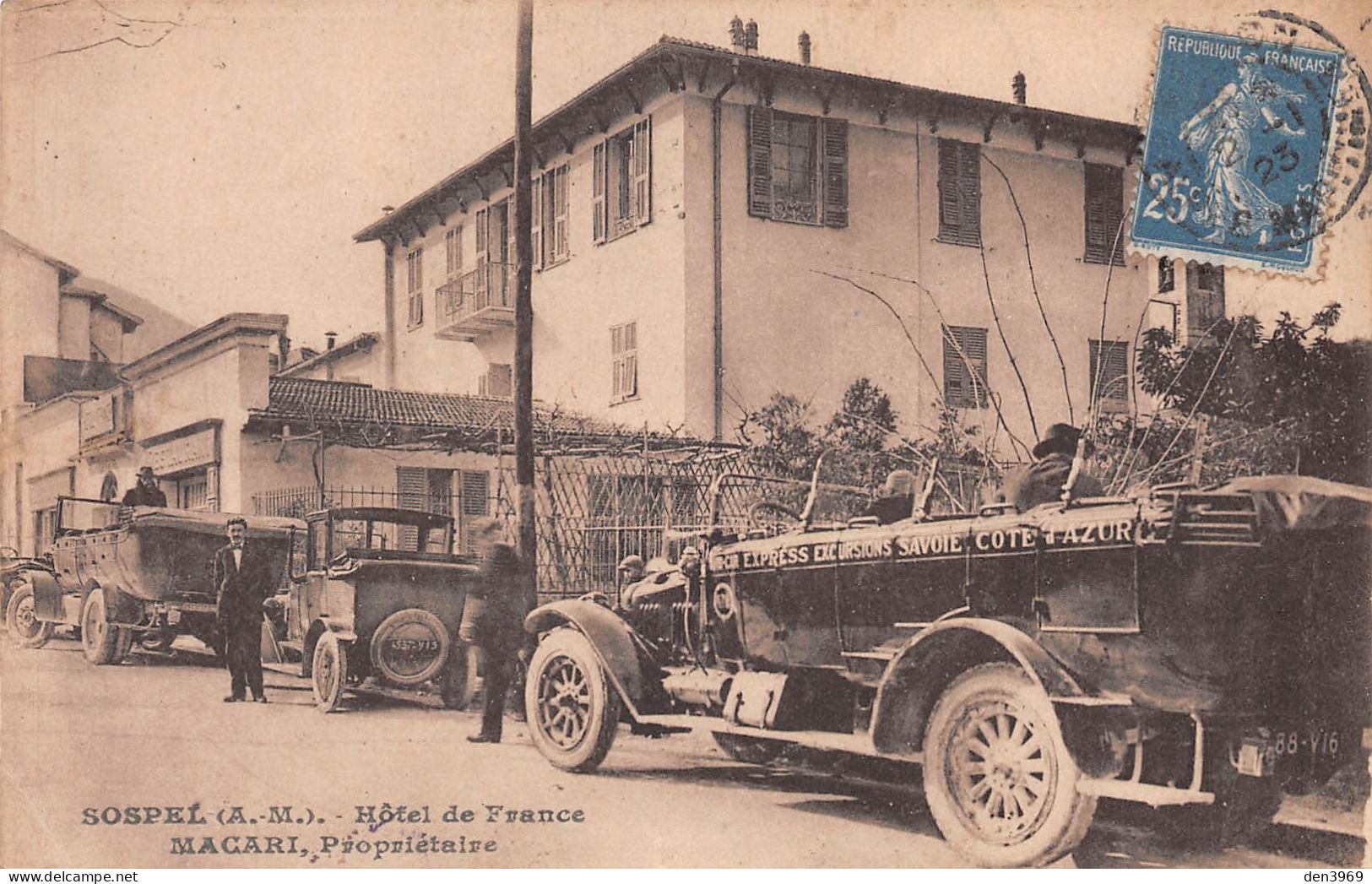 SOSPEL (Alpes-Maritimes) - Hôtel De France Macari, Autocar Express Excursions Savoie Côte D'Azur - Voyagé 1923 (2 Scans) - Sospel