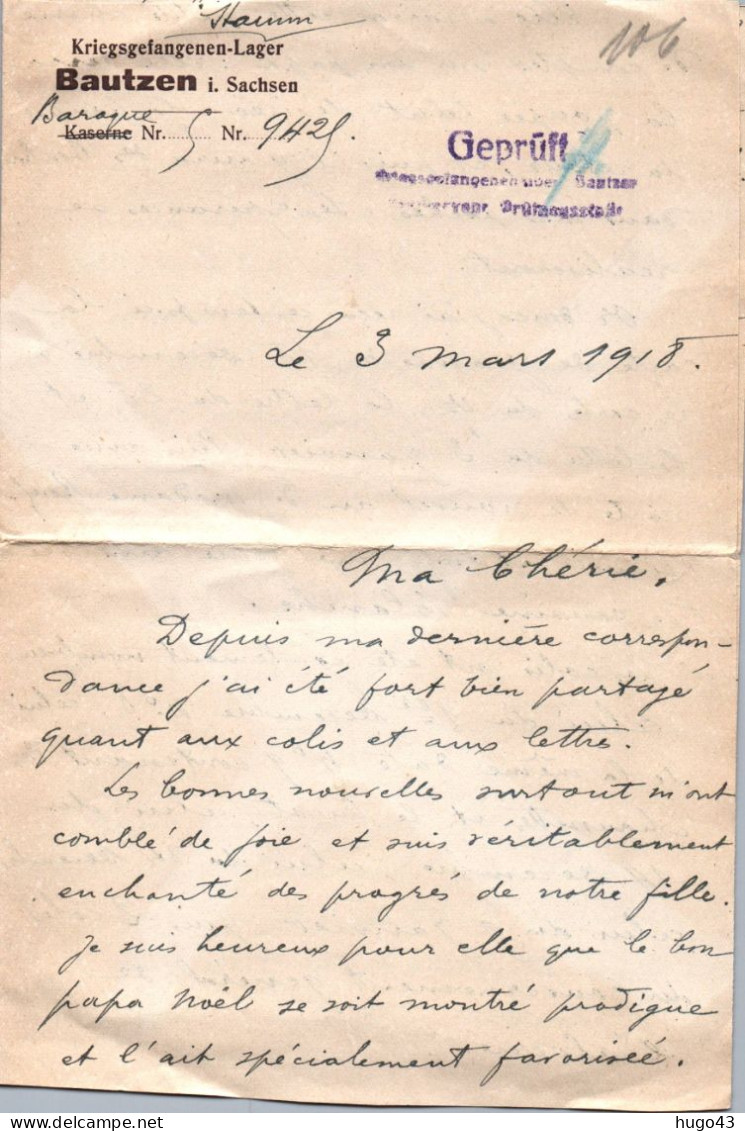 (RECTO / VERSO) LETTRE D' UN PRISONNIER FRANCAIS - KRIEGSGEFANGENER LAGER BAUTZEN - BARAQUE N° 9425 - LE 03/03/1918 - Lettres & Documents