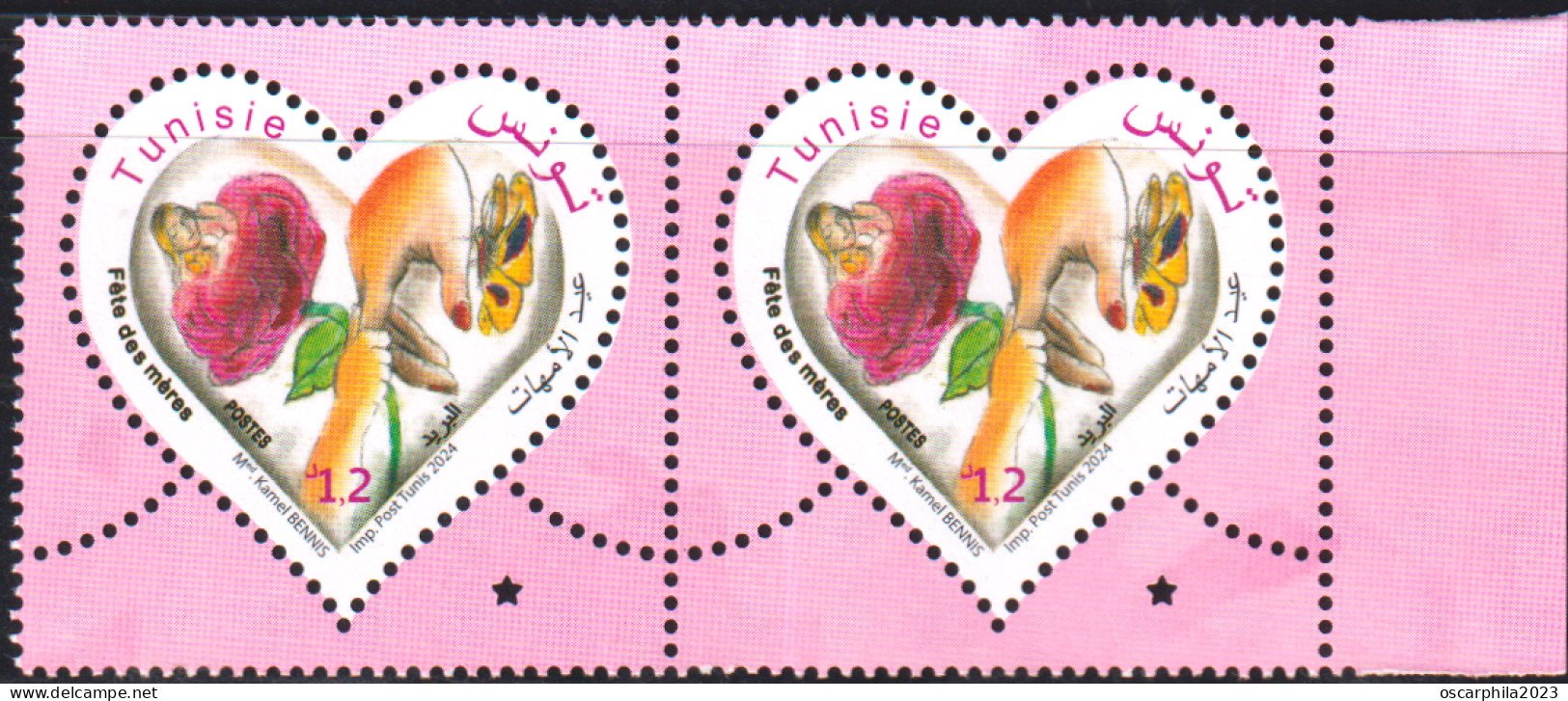 2024-Tunisie- Fête Des Mères -Femme- Enfant- Rose- Papillon- Mains- En Paire 2v   -.MNH****** - Butterflies