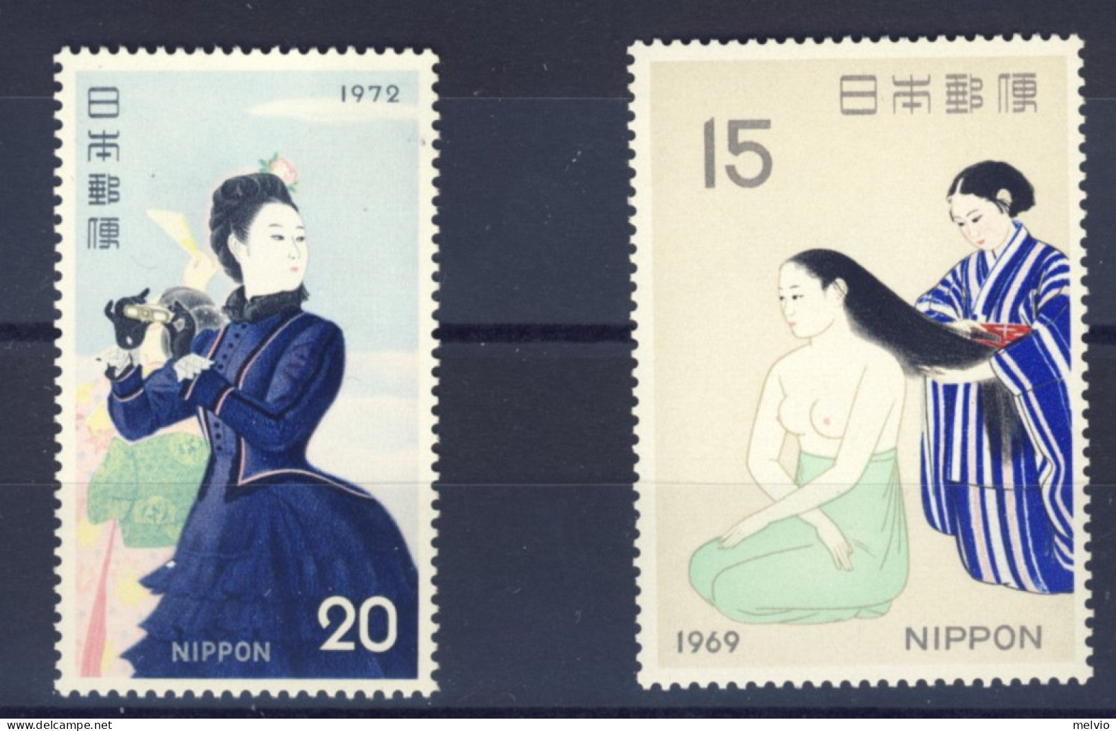 1969/72-Giappone (MNH=**) Due Valori Settimana Filatelica Dipinti - Sonstige & Ohne Zuordnung