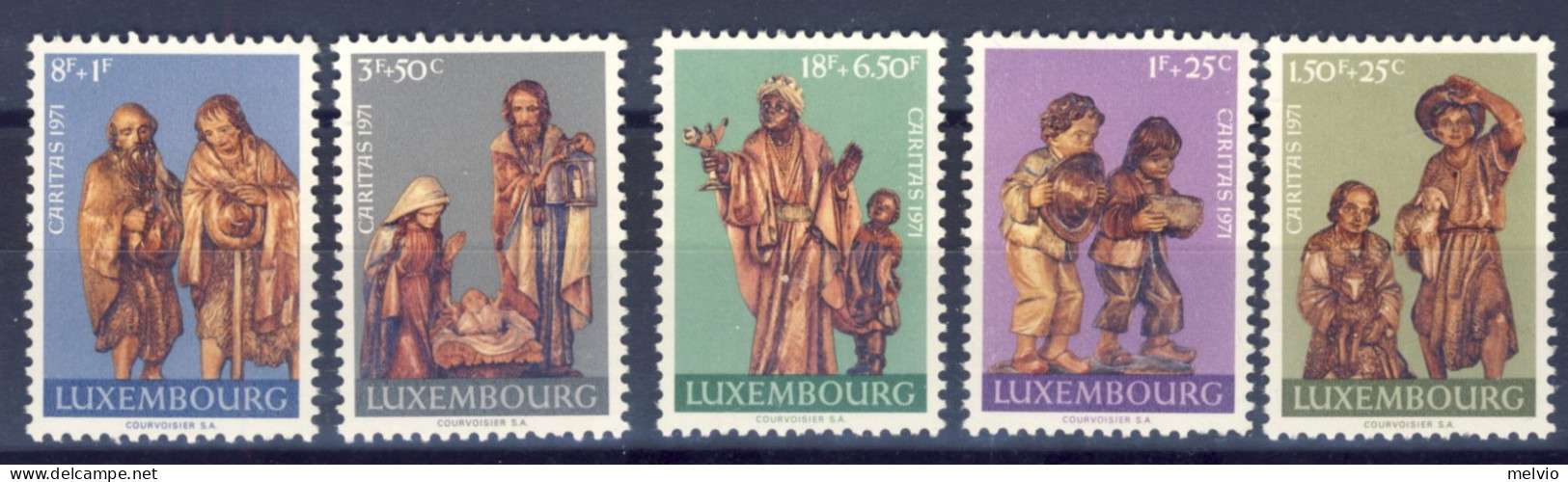 1971-Lussemburgo (MNH=**) Serie 5 Valori Pro Infanzia Statuette In Legno Scolpit - Other & Unclassified