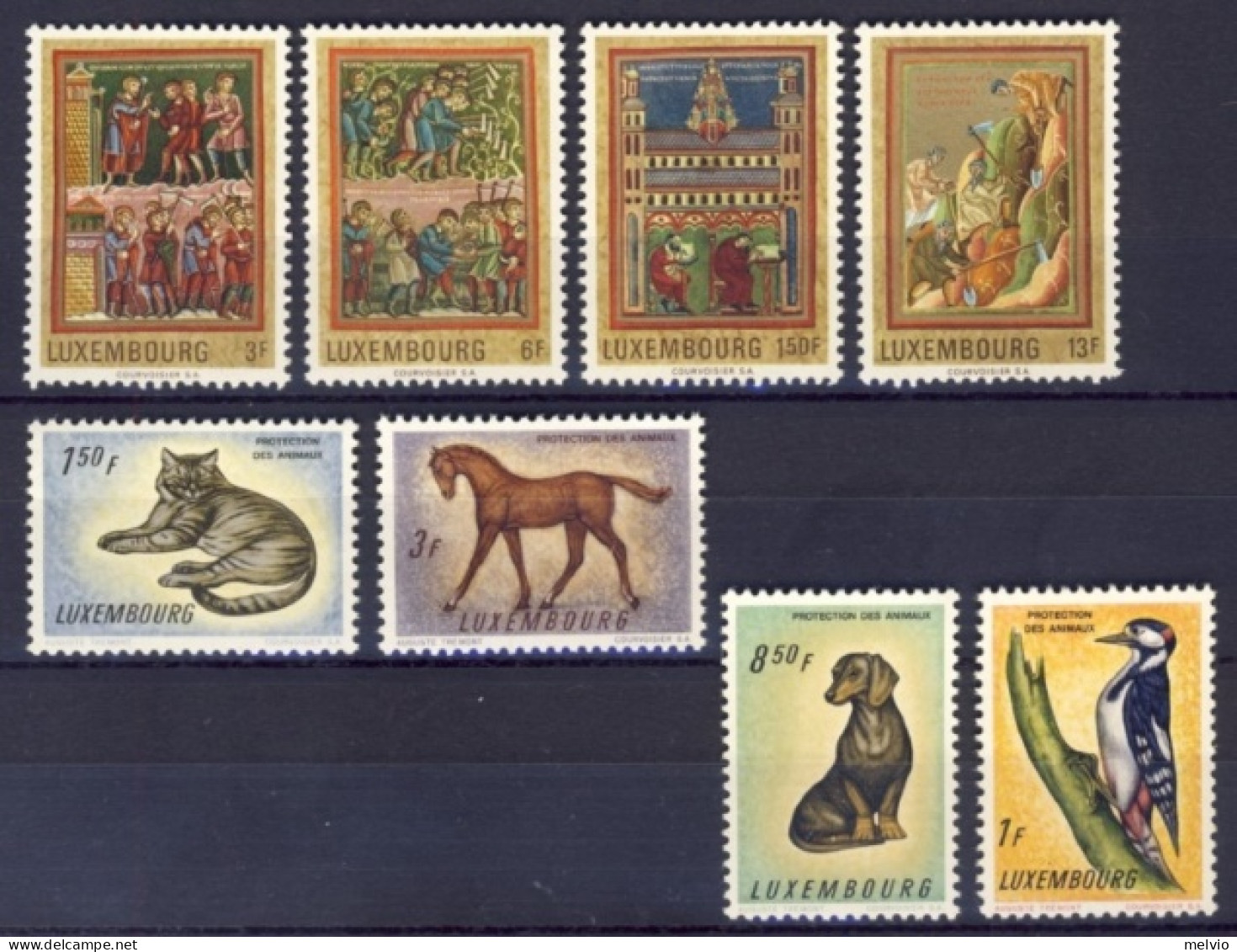 1961/71-Lussemburgo (MNH=**) 2 Serie 8 Valori Protezione Animali, Picchio, Gatto - Autres & Non Classés