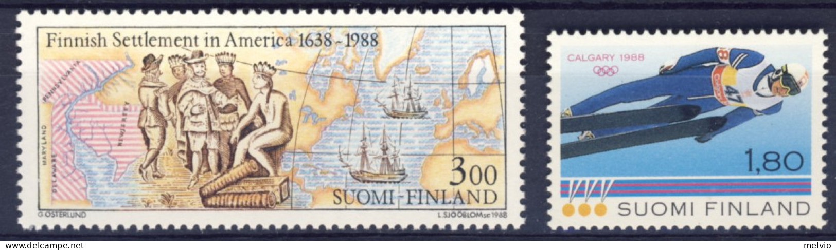 1988-Finlandia (MNH=**) 2 Valori Anniversario Colonia Finlandese In America, Oli - Autres & Non Classés