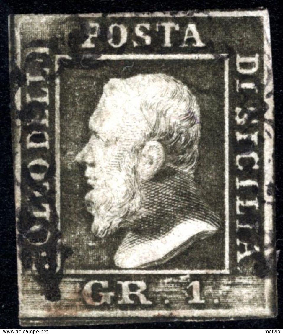 1859-Sicilia (O=used) 1 Gr.verde Oliva II°Tav. (Sassone 4d) Ben Marginato - Sicile