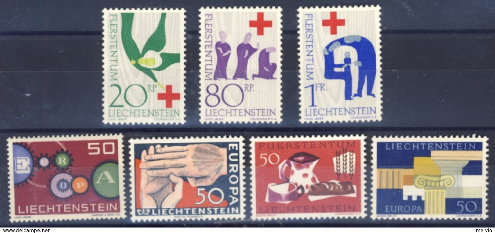 1961/3-Liechtenstein (MNH=**) 5 Serie 7 Valori Europa,croce Rossa,campagna Contr - Unused Stamps